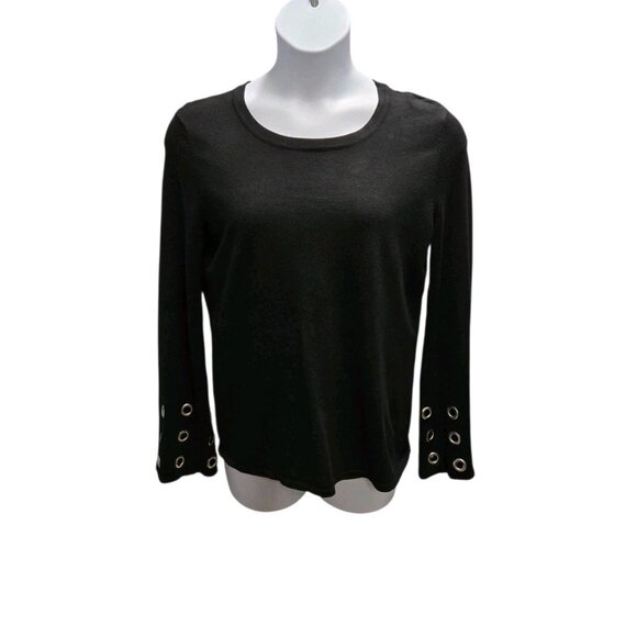 Catherine Malandrino Sweater Womens Large Black Grommet Bell Sleeve Modern Chic - Picture 2 of 7
